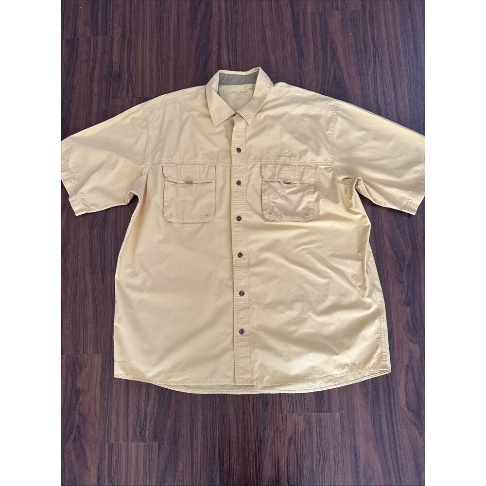 Eddie Bauer Men's XL Yellow Short Sleeve Pocket Hiking Outdoor Fishing Rip Stop